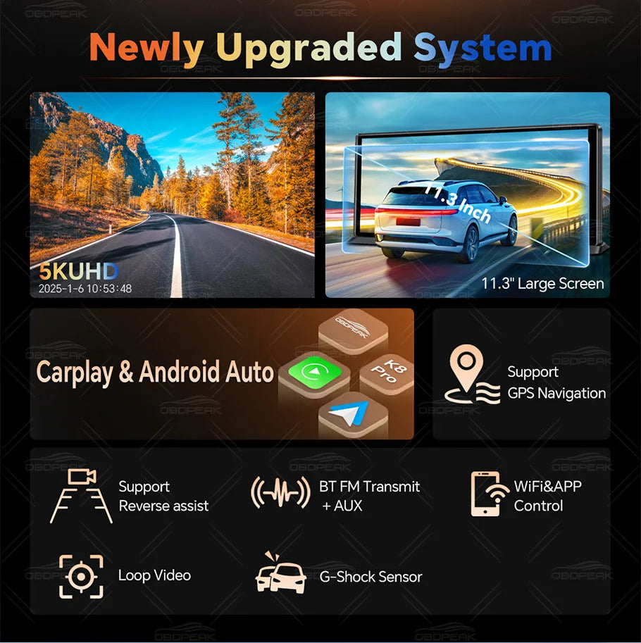 OBDPEAK K8 Pro Front 5K Rear 1080P Dash Cam Camera 11.3" Touch Ai Screen Carplay & Android Auto GPS Navigation Night Vision DVR