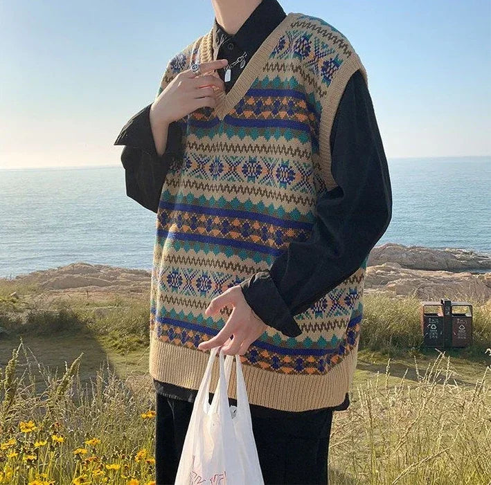 Men's Clothing Plaid Sleeveless Blue Knit Sweater Male Graphic Waistcoat Vest Casual Korean Style Baggy Fashion Stylish Hot A