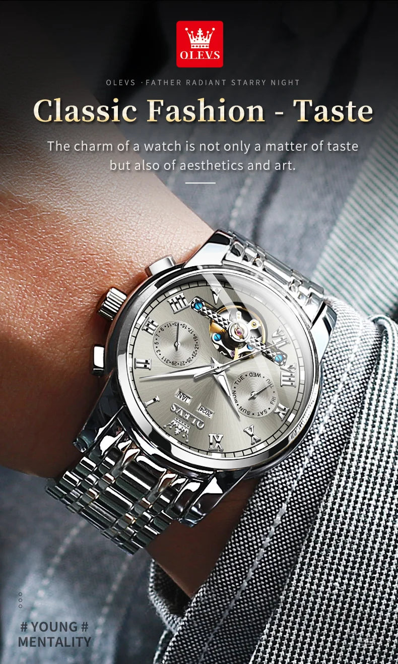 OLEVS 6607 Fully Automaitc Watches Stainless Steel Skeleton Flywheel Dual Calendar Top Luxury Brand Men's Mechanical Wristwatch