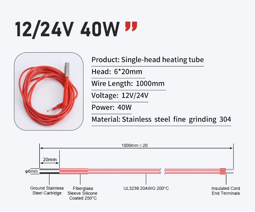 Trianglelab 3D Printer 6*20MM 12V/24V 40W Heater Cartridge With 100CM cable For 3D Printer for PT100 HOTEND Volcano MK8 MK9