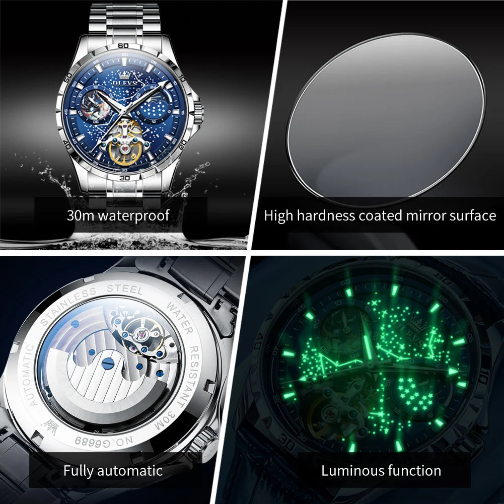OLEVS Flywheel Skeleton Automatic Watch for Men Luminous Starry Sky Waterproof Business Wristwatch Mechanical Watch