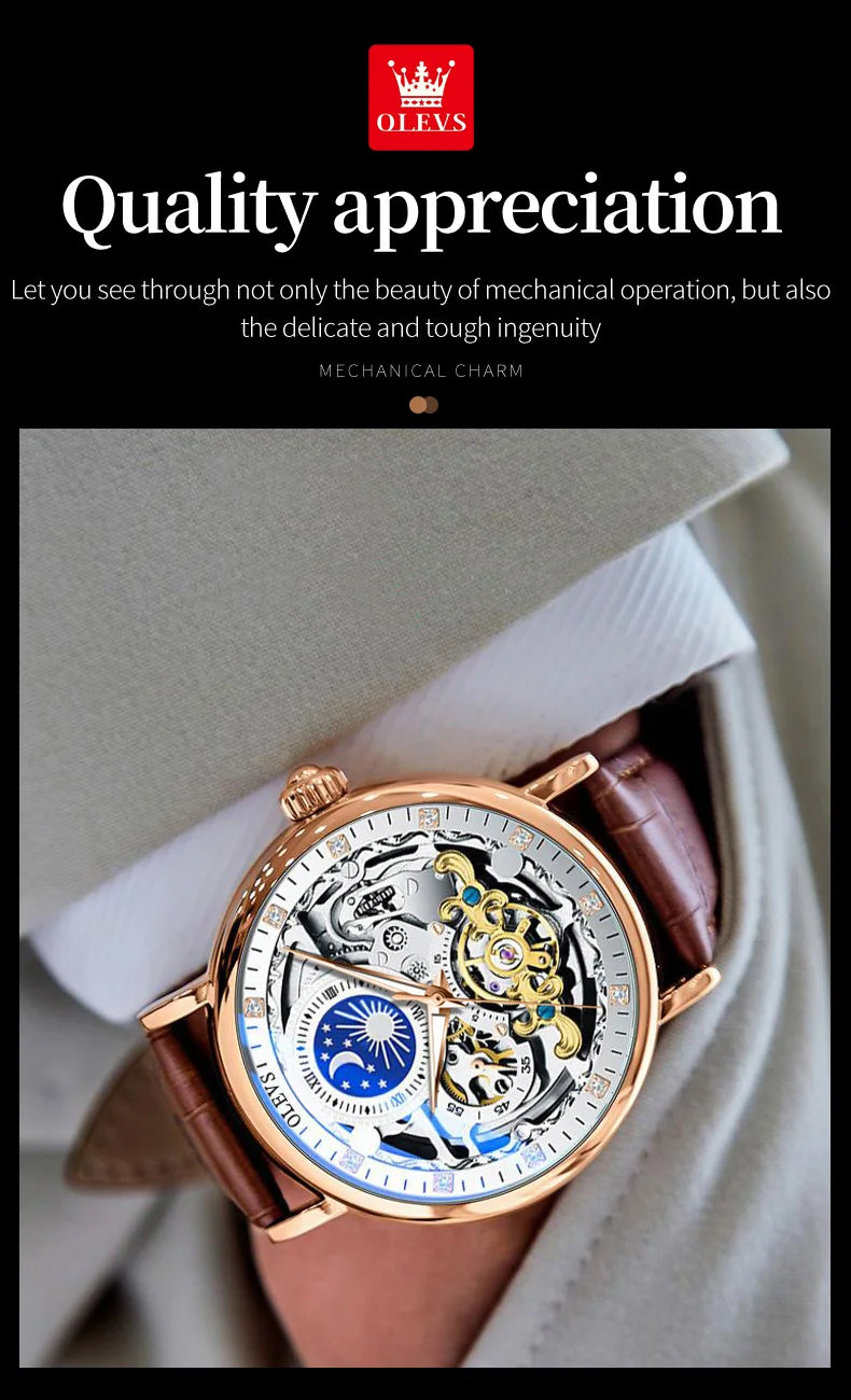 OLEVS Moon Phase Mechanical Watch Men with Waterproof Automatic Skeleton Mens Watches Top Brand Luxury Tourbillon Wristwatch Men