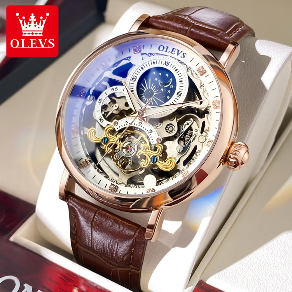 OLEVS Moon Phase Mechanical Watch Men with Waterproof Automatic Skeleton Mens Watches Top Brand Luxury Tourbillon Wristwatch Men