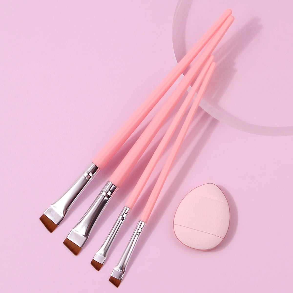 Makeup brush set: ultra-fine eyeliner brush + slanting eyebrow brush + under-eyelid to under-eye brush with mini powder puff
