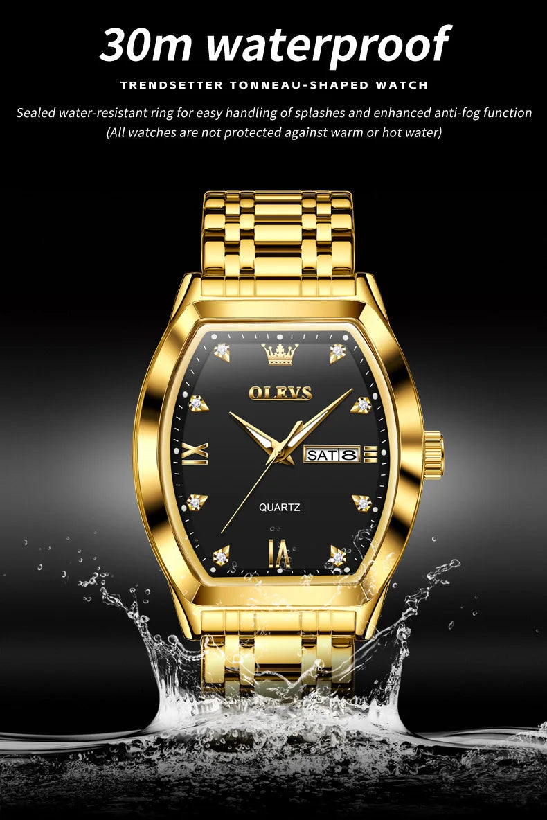 OLEVS Men's Watches Luxury Tonneau Original Top Brand Quartz Watch for Men Waterproof Luminous Week Date Male Wristwatch