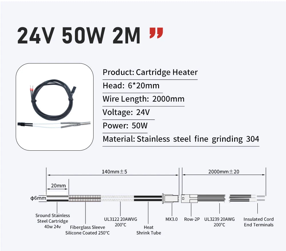 Trianglelab 3D Printer 6*20MM 12V/24V 40W Heater Cartridge With 100CM cable For 3D Printer for PT100 HOTEND Volcano MK8 MK9
