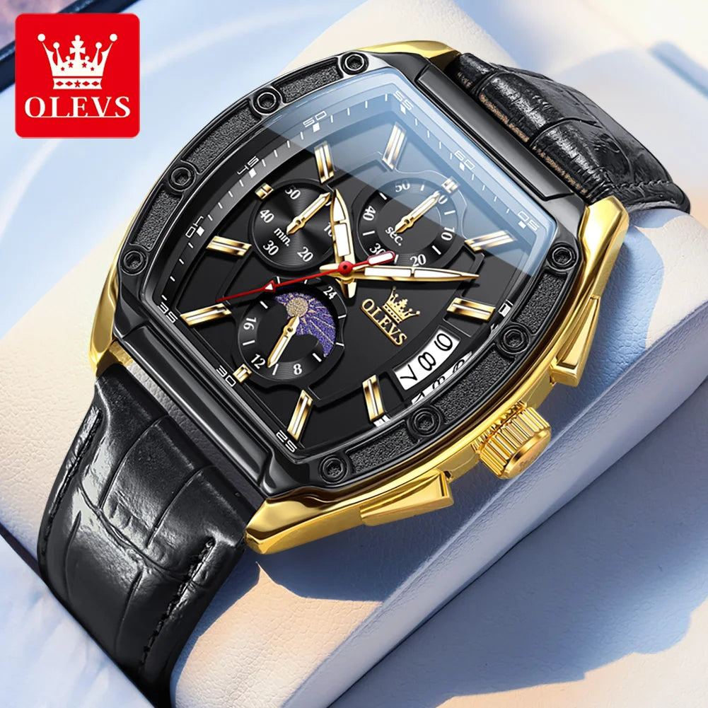 OLEVS Watch New 3661 Mens Watch Luxury Quartz Watch Waterproof Luminous Stainless Steel Moon Phase Sport Tonneau Watches For Men