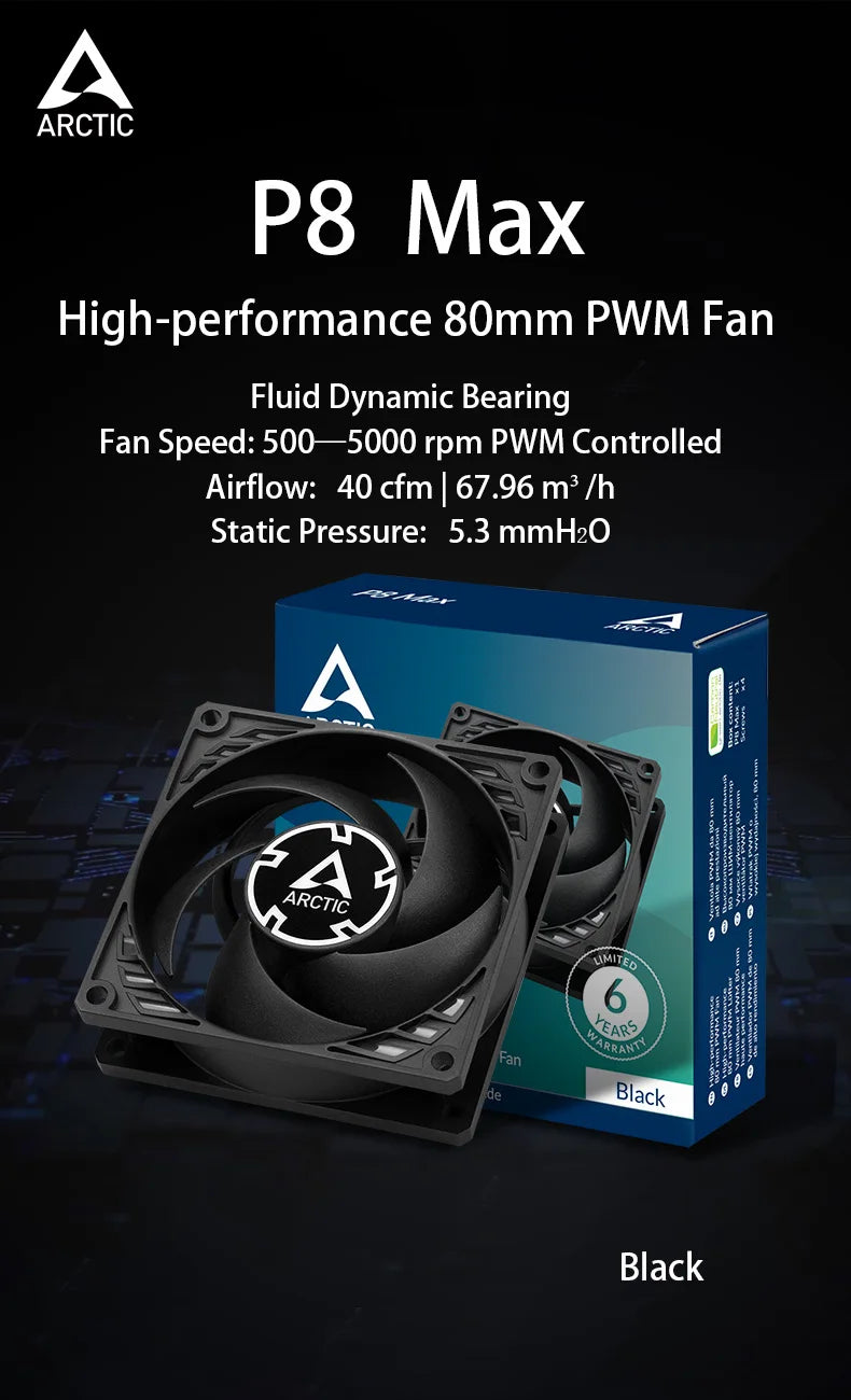 ARCTIC P8 Max High-Performance 80mm Case Fan,PWM Controlled 500–5000 RPM,Optimised for Static Pressure,Fluid Dynamic Bearing