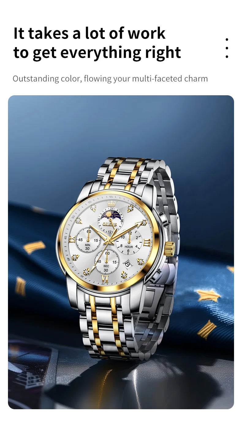 OLEVS 3655 Moon Phase Classic Three Eye Dial Men's Watch Stainless Steel Watch for Male Butterfly Buckle Waterproof Quartz watch