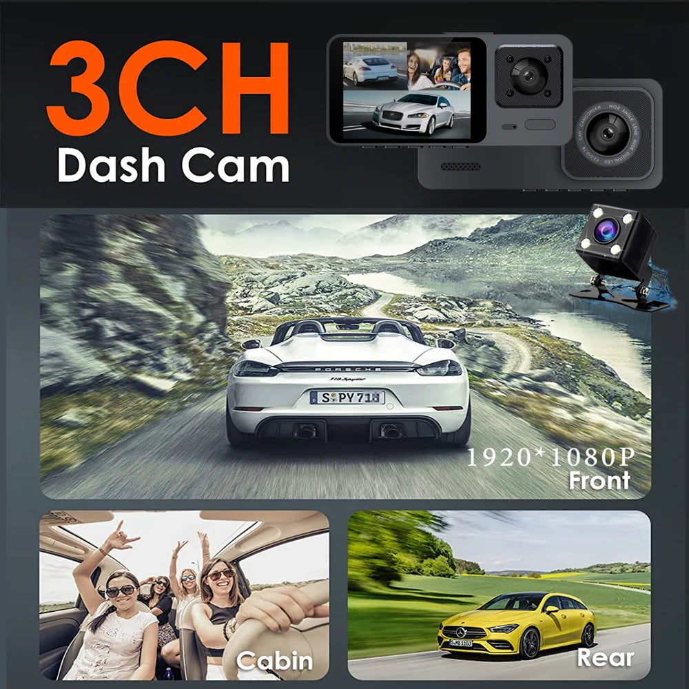 Wifi 3 Camera Car Dvr 3 Channel Dash Cam FHD 1080P Dash Camera Interior Dashcam Video Recorder Black Box 24H Parking Monitoring
