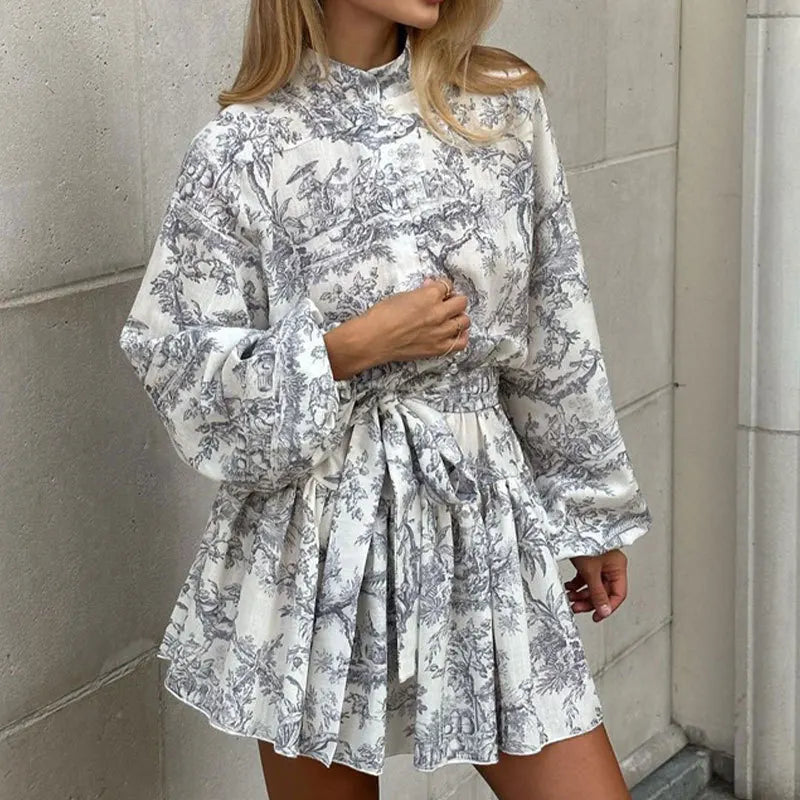 Women's Clothing 2025 New Autumn European American Fashion Elegant Fashion Long-sleeved Lace-up High-waist Printed Dress