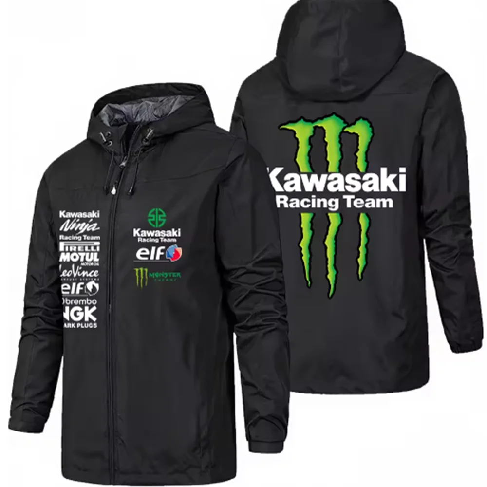 Racing team jacket with Kawasaki logo, men's waterproof and windproof sportswear, outdoor enthusiast jacket, fashionable jacket
