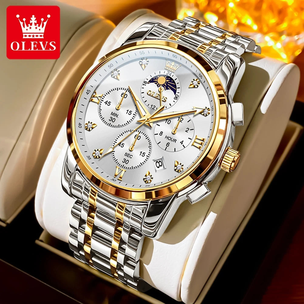 OLEVS 3655 Moon Phase Classic Three Eye Dial Men's Watch Stainless Steel Watch for Male Butterfly Buckle Waterproof Quartz watch
