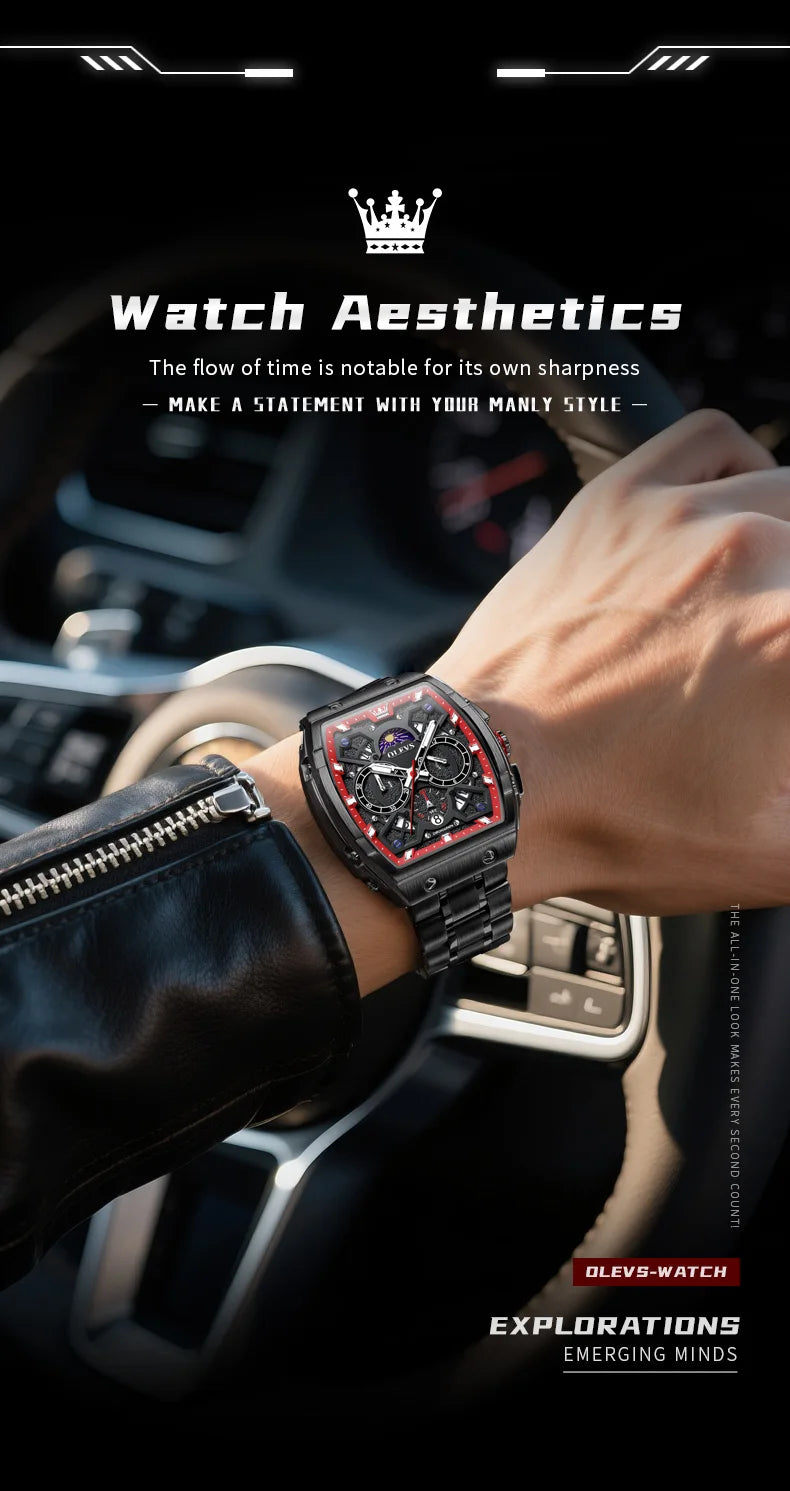 OLEVS 2942 New Mens Watch Original Tonneau Quartz Watch Waterproof Luminous Stainless Steel Watches For Men Gifts Box