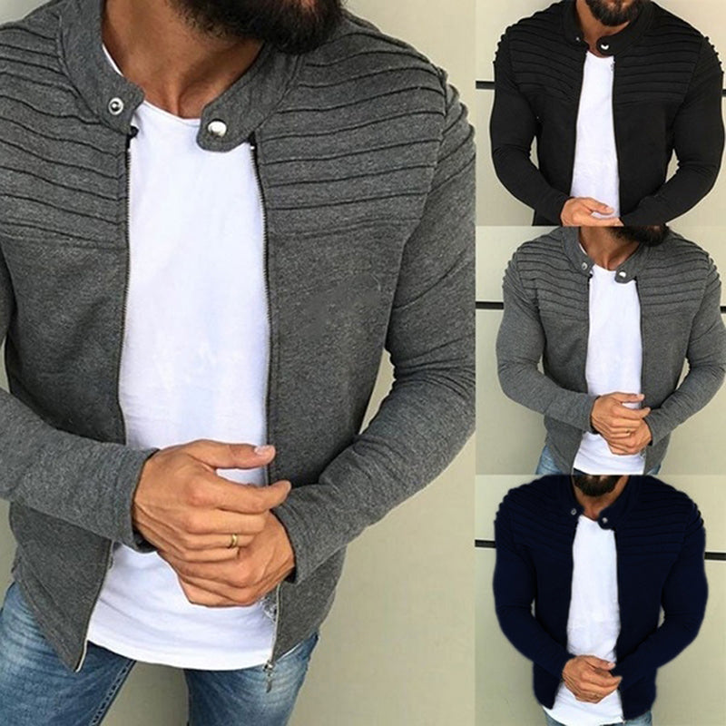 Autumn Sports Casual Men Jacket Men's Pleats Slim Stripe Fit Jacket Zipper Long Sleeve Coat Cardigan Coat