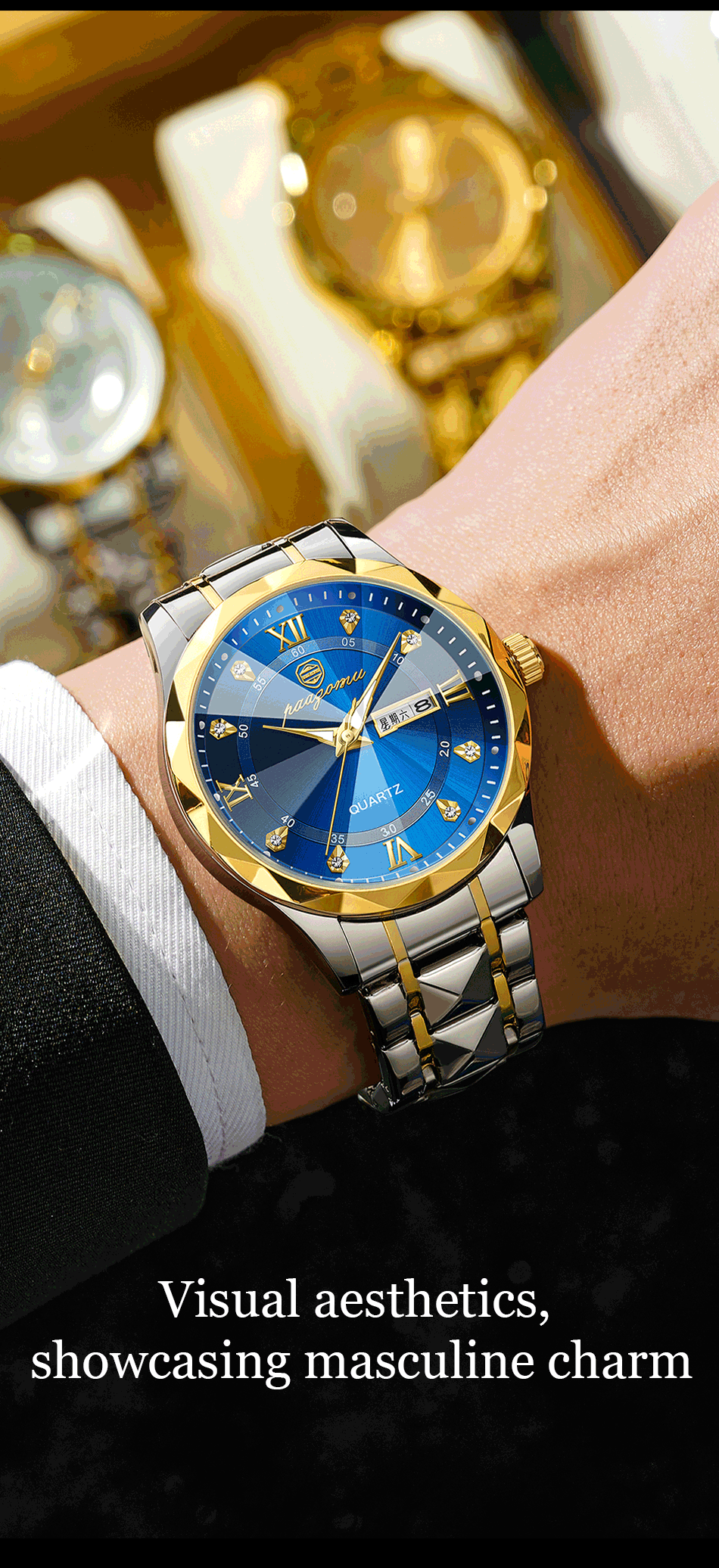 PENGAGAR Top Brand Luxury Man Wristwatch Waterproof Luminous Date Week Men Watches Stainless Steel Quartz Men's Watch Male reloj