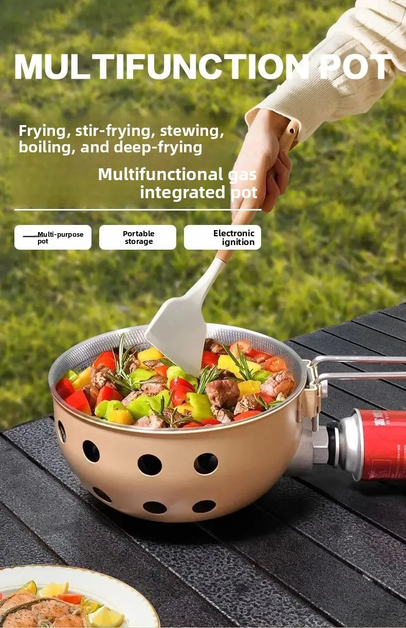 Outdoor integrated pot, card stove, multi-functional portable car camping, picnic, gas tank, universal pot, gas integrated pot