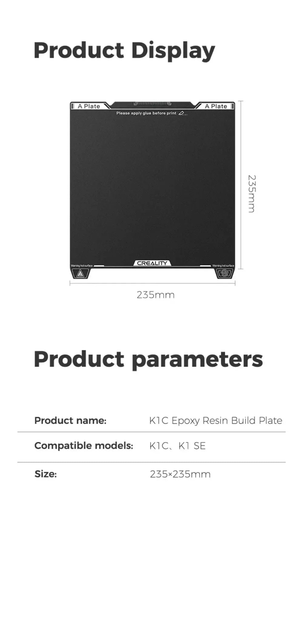 Original Creality Epoxy Resin Build Plate 235X235mm Excellent Adhesion High Flatness Strength for K1C or K1 SE 3D Printer Parts
