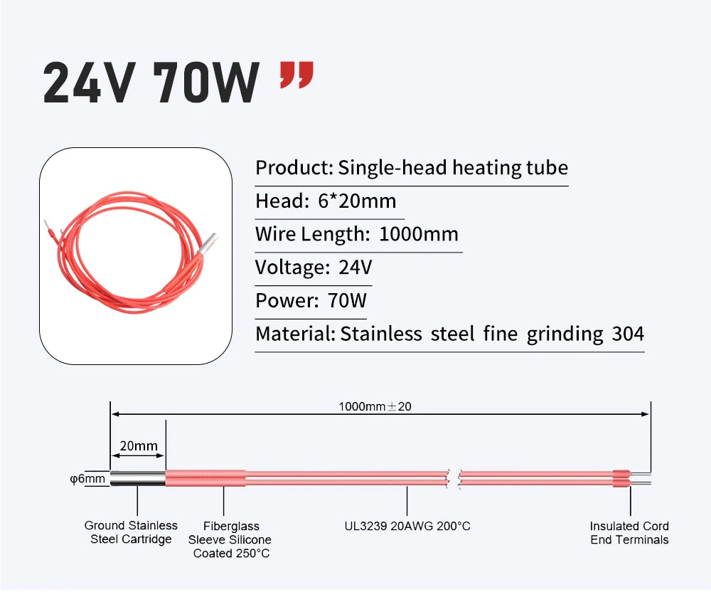 Trianglelab 3D Printer 6*20MM 12V/24V 40W Heater Cartridge With 100CM cable For 3D Printer for PT100 HOTEND Volcano MK8 MK9