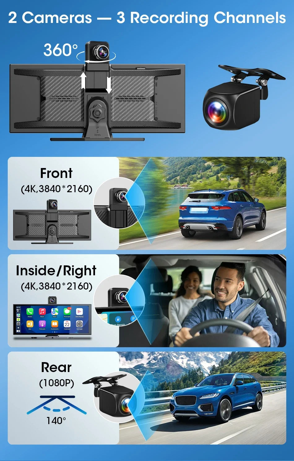 Srnubi Universal 11.26” Car DVR Wireless Carplay Android Auto 4K Front 1080P Rear Camera Dashcam GPS Navi Dashboard 24H Parking