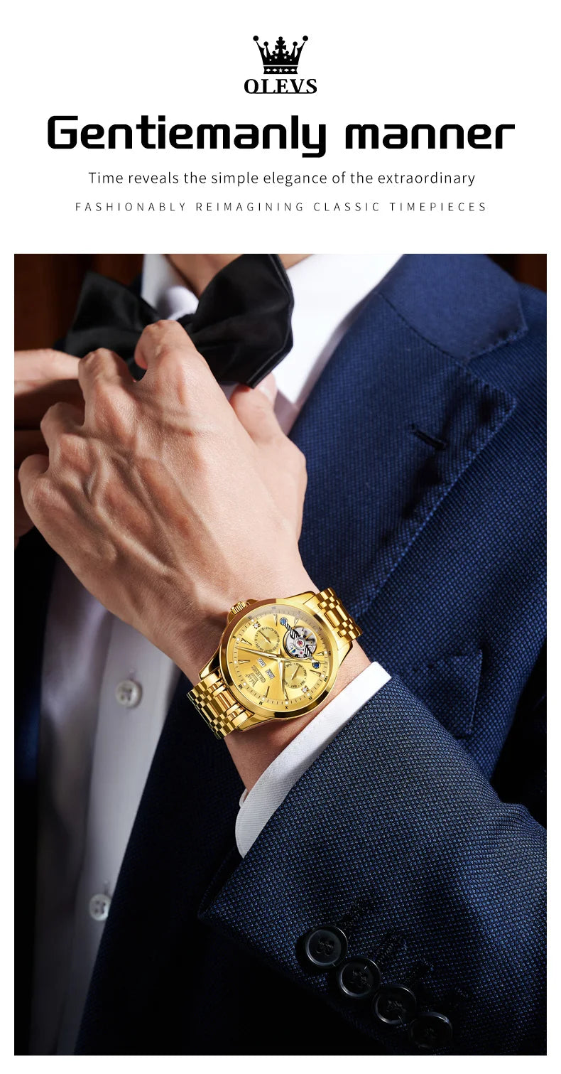 OLEVS 7091 Mens Watch Original Flywheel Automatic Mechanical Watch For Man Perpetual Calendar Waterproof Luminous Luxury Reloj