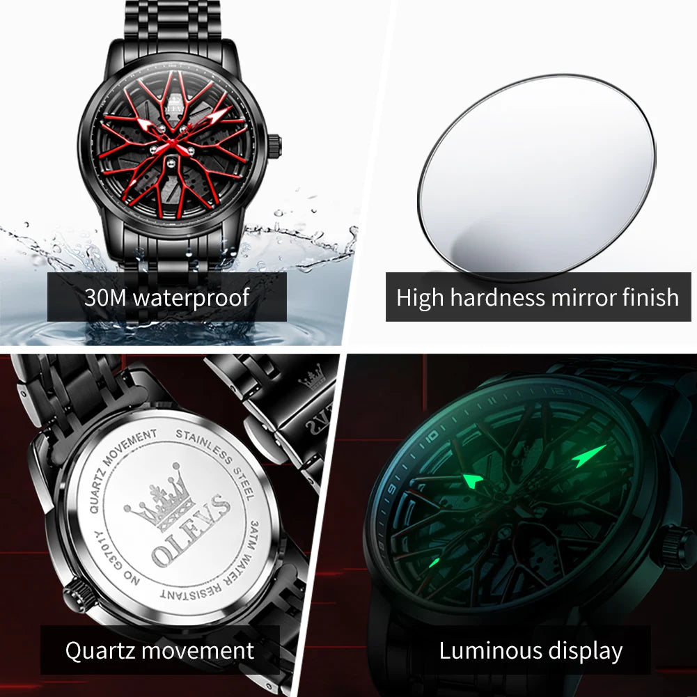 OLEVS 3701 Mens Watch Rotatable Wheel Hub Dial Fashion Quartz Watch Waterproof Luminous Stainless Steel Watches For Man Original