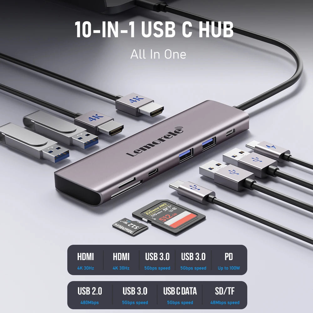 Lemorele 10 Ports USB C HUB Docking Station Type C to Dual HDMI 4K 30Hz PD100W SD/TF for macbook ASUS lenovo laptop