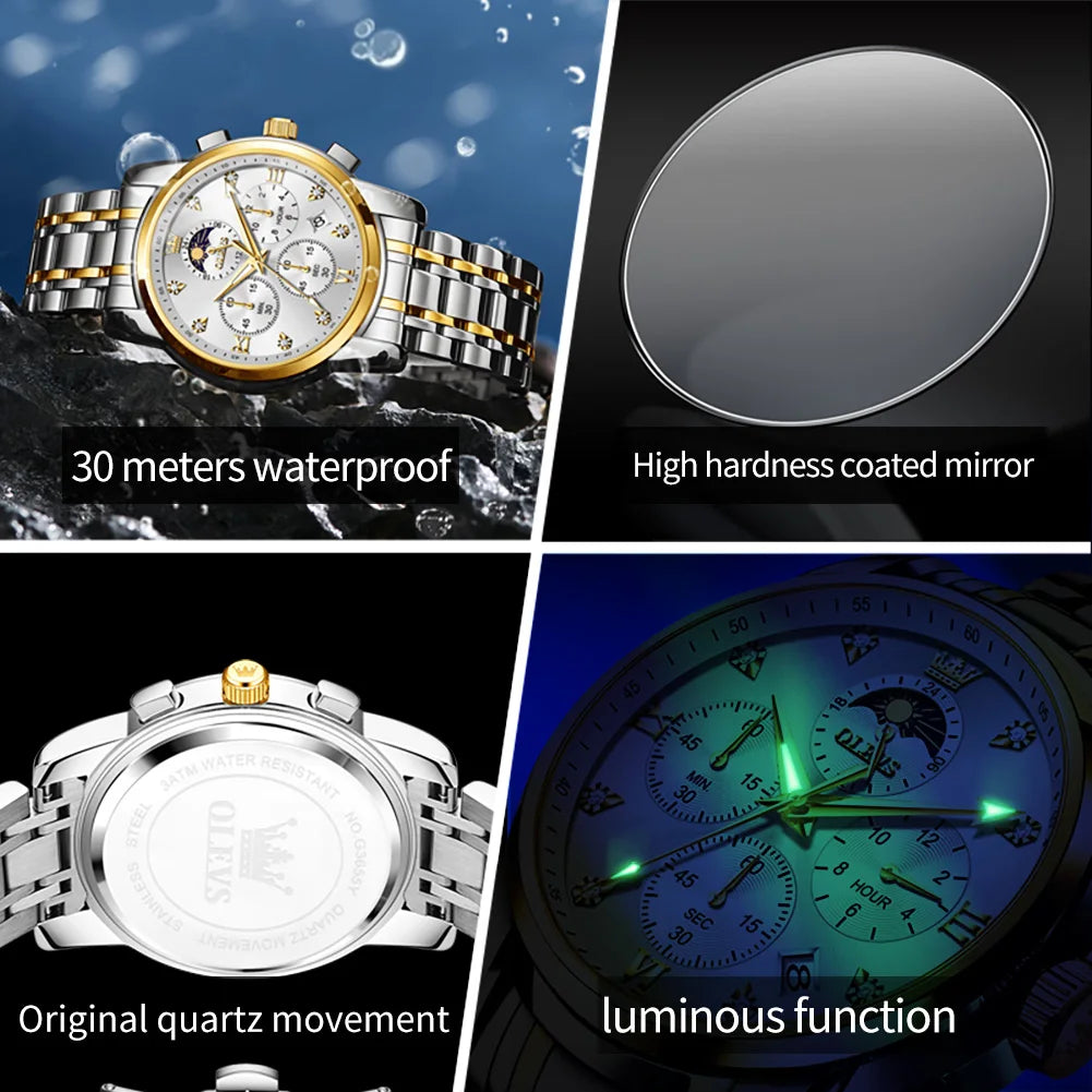 OLEVS 3655 Moon Phase Classic Three Eye Dial Men's Watch Stainless Steel Watch for Male Butterfly Buckle Waterproof Quartz watch