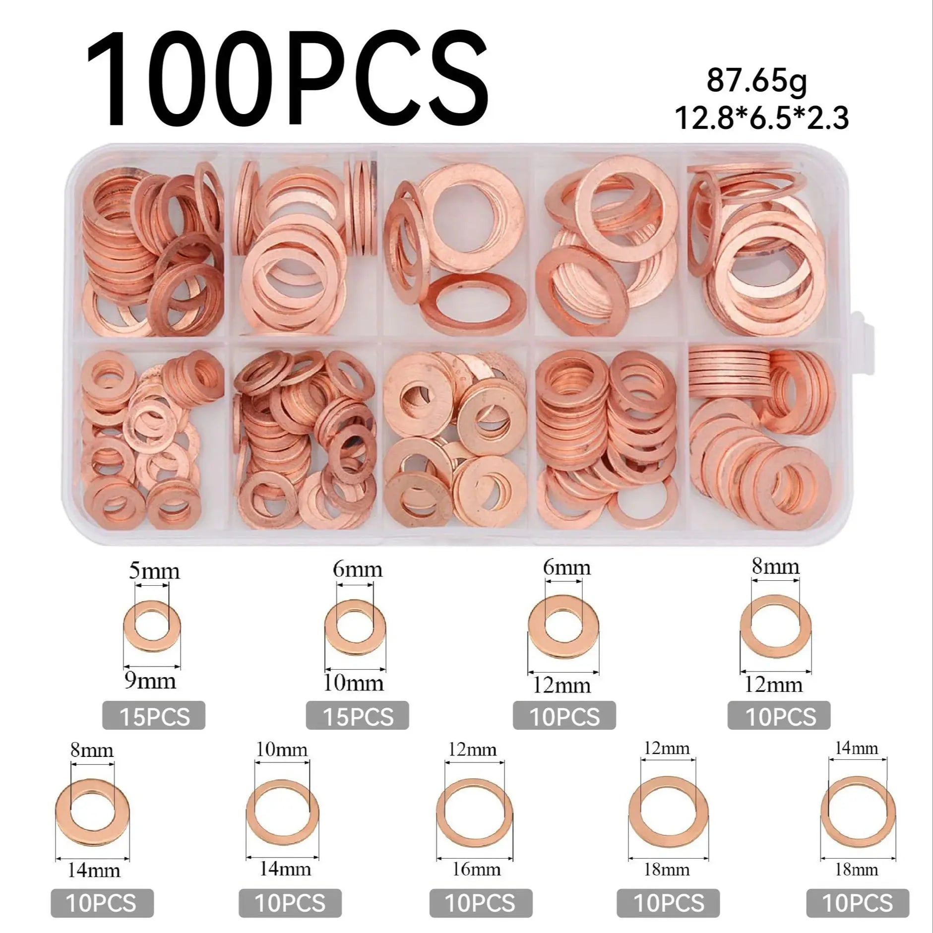 Copper Washer Gasket Nut And Bolt Set - Flat Ring Seal Assortment Kit with Box for Sump Plugs - M8/M10/M12/M14