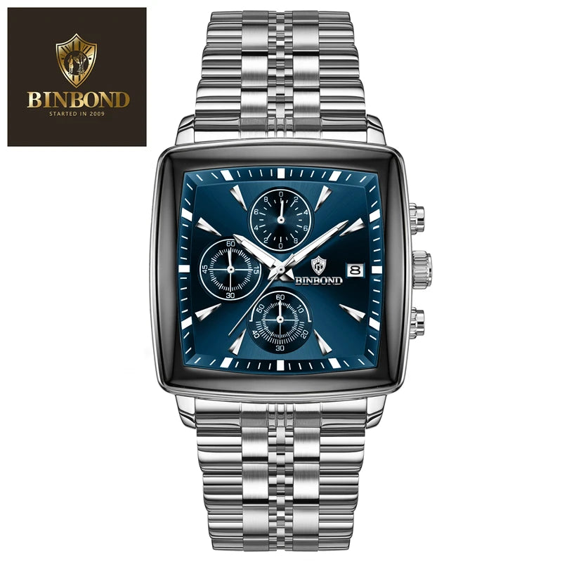 BINBOND Luxury Square Sport Man Wristwatch Waterproof Luminous Chronograph Quartz Men's Watches Stainless Steel Men Watch Reloj