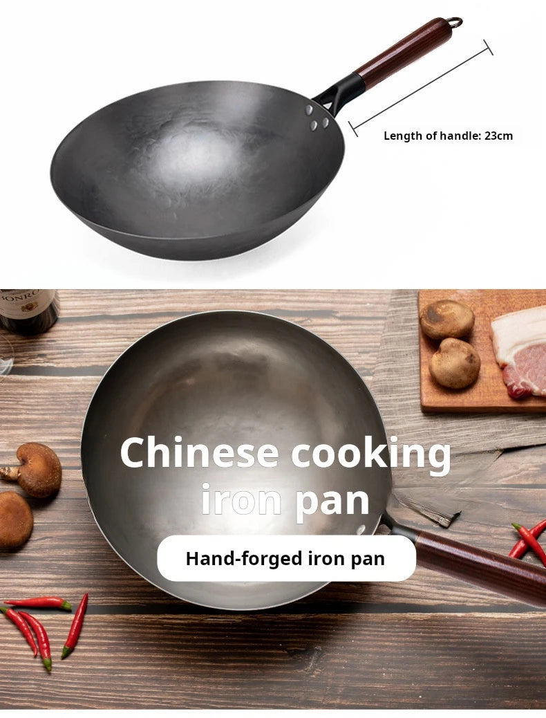 Iron Pot Household Frying Pan Traditional Hand Forged Without Coating Wooden Handle Old-style Non-iron Pot (30cm)