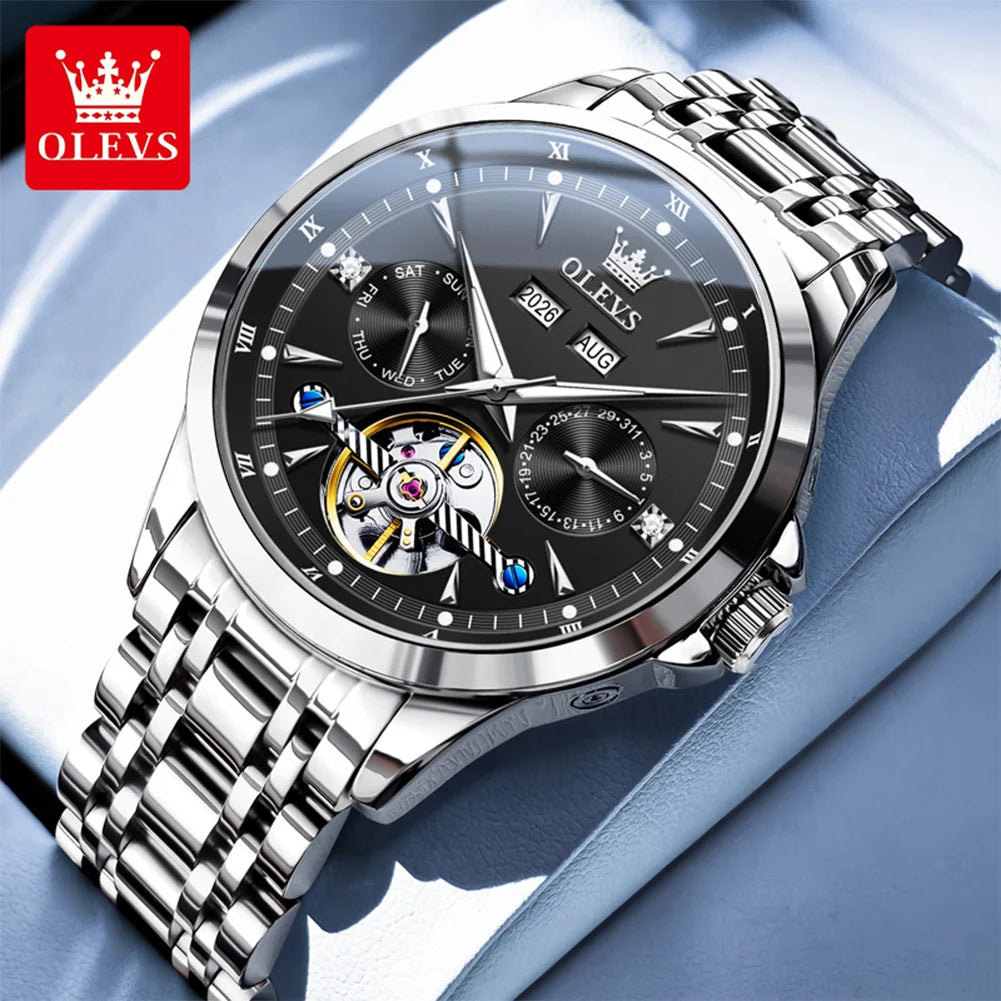 OLEVS 7091 Mens Watch Original Flywheel Automatic Mechanical Watch For Man Perpetual Calendar Waterproof Luminous Luxury Reloj