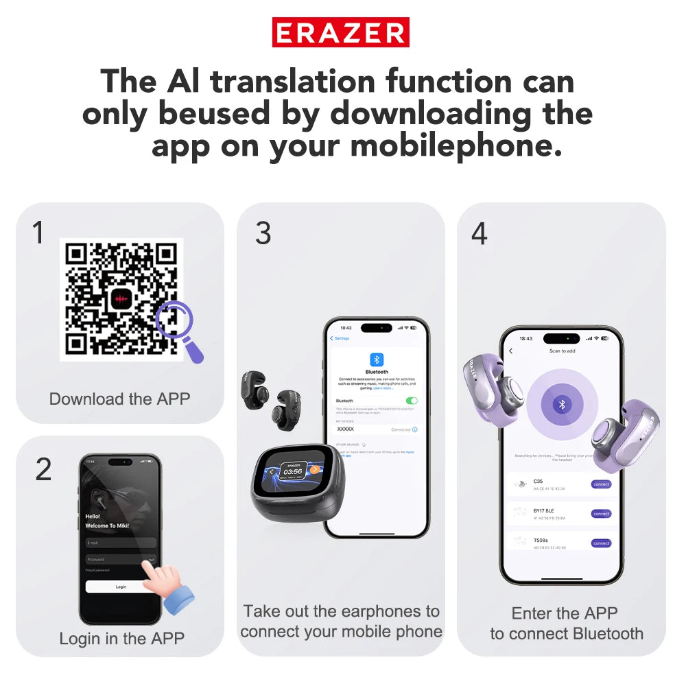 Translator ERAZER XF28 Bluetooth V6.0 Open-ear True Wireless EarbudsTranslation Earphones Office Travel,ASMR Headset APP