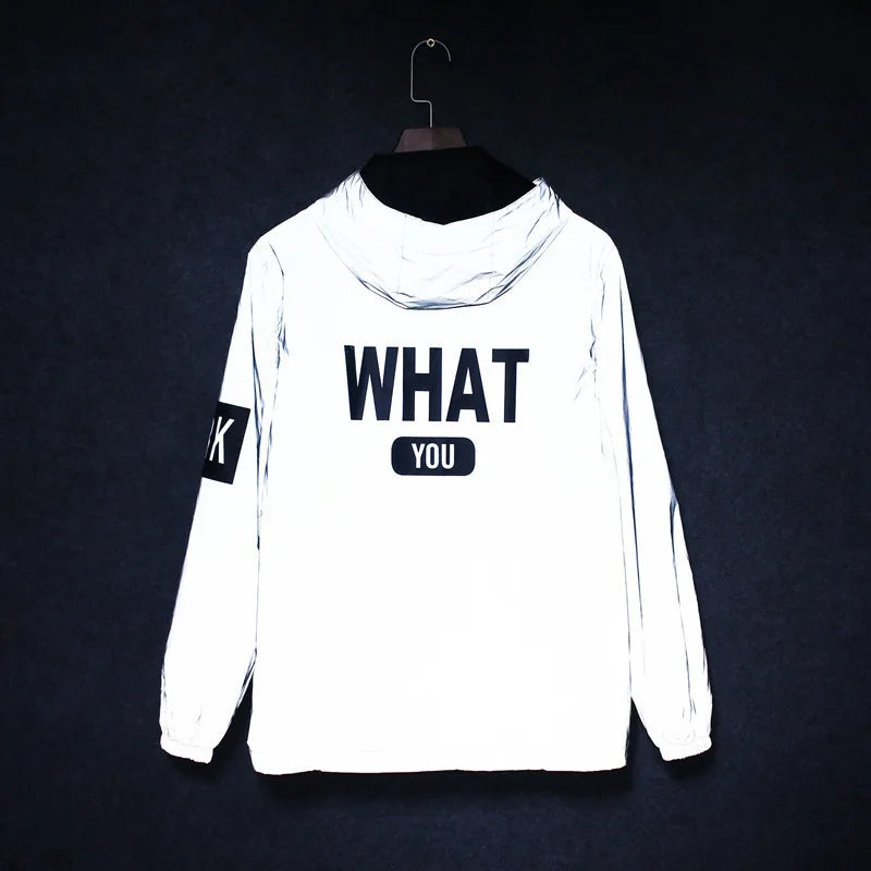 Men's Full Reflective Jacket Casual Women Windbreaker Hip Hop Hooded Coat Waterproof Printed Streetwear Night Shiny Jackets 5XL