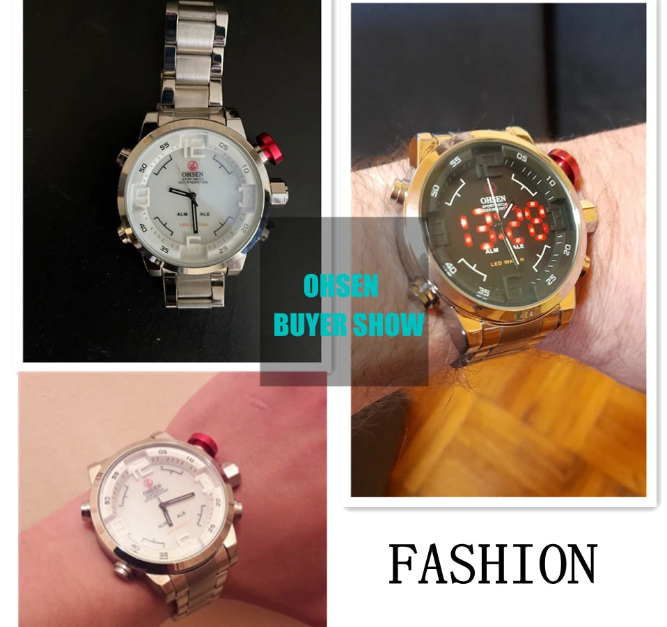 Fashion Sport Watch Men Digital Quartz LED Steel Strap Man Dual Time Watch 3ATM Waterproof Military Wristwatches Relogios