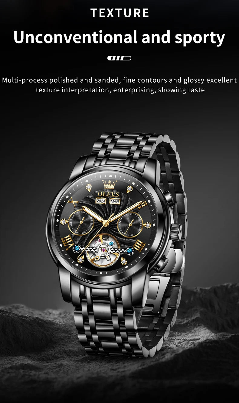OLEVS Men's Watches 7088 Luxury Trend Fashion Automatic Mechanical Watch for Man Hollow Quartz Movement Complete Calendar Week