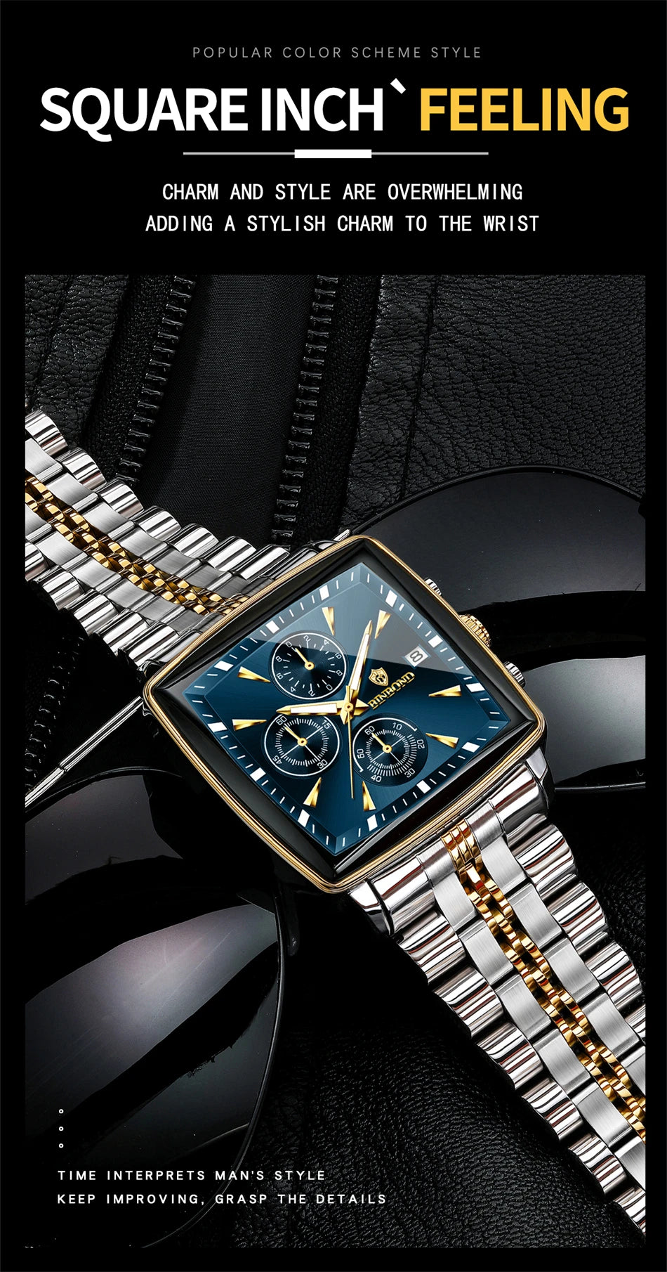 BINBOND Luxury Square Sport Man Wristwatch Waterproof Luminous Chronograph Quartz Men's Watches Stainless Steel Men Watch Reloj