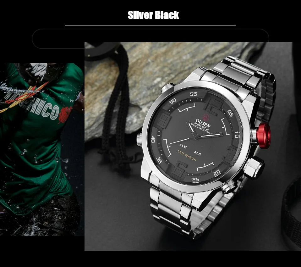 Fashion Sport Watch Men Digital Quartz LED Steel Strap Man Dual Time Watch 3ATM Waterproof Military Wristwatches Relogios