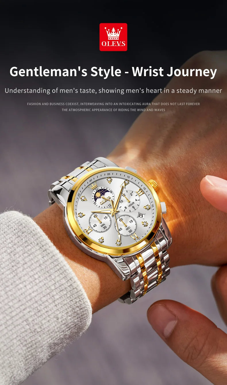 OLEVS 3655 Moon Phase Classic Three Eye Dial Men's Watch Stainless Steel Watch for Male Butterfly Buckle Waterproof Quartz watch