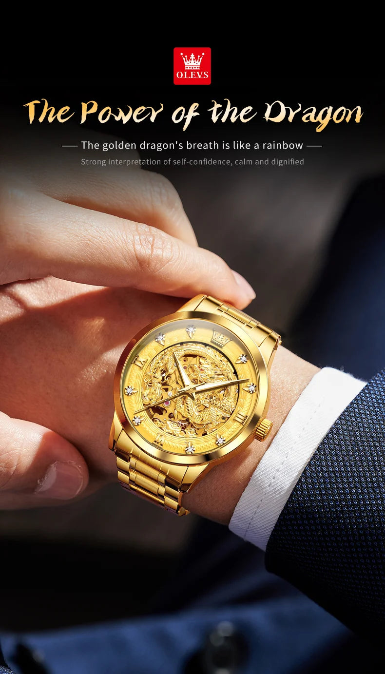 OLEVS Japan Automatic Mechanical Men's Watches High-end Luxury Brand Original Stainless Steel Hollowed Dragon Watch for Men 7027