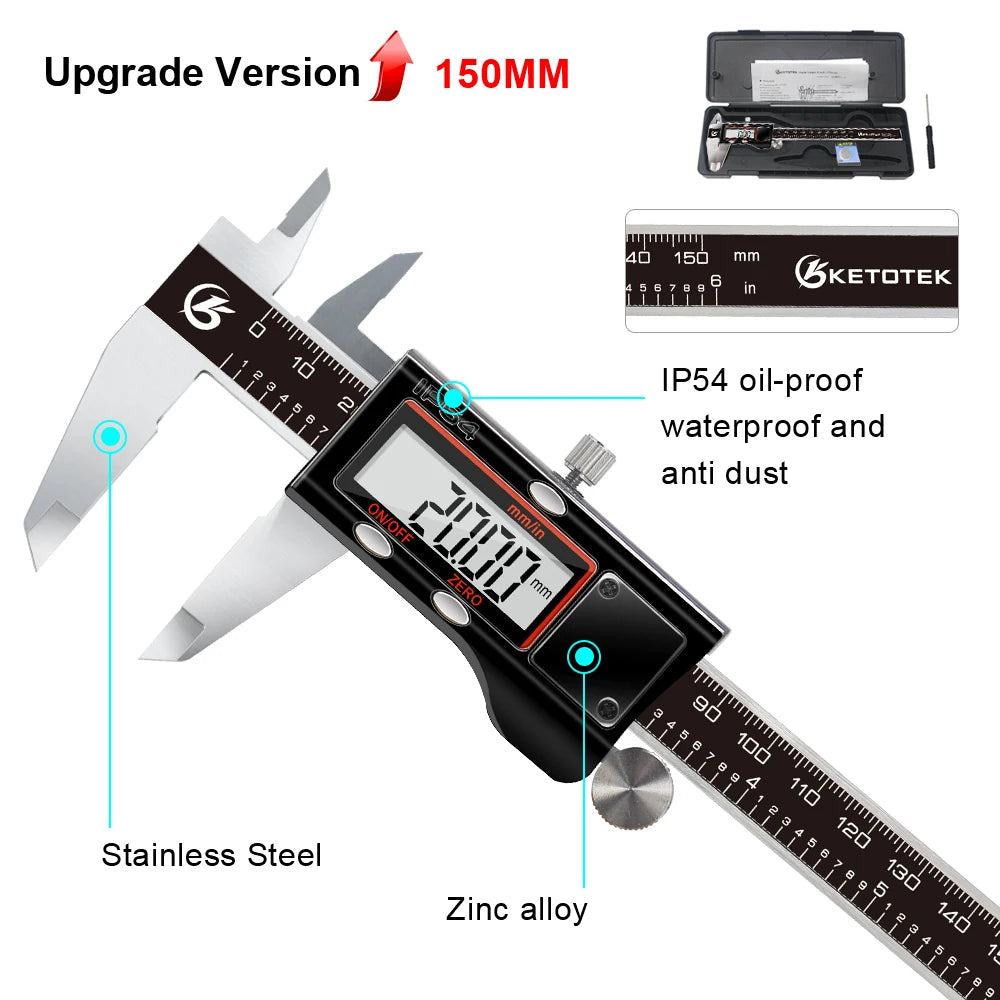 Digital Vernier Caliper 6 Inch 150mm Stainless Steel Electronic Metal Caliper Micrometer Depth Measuring Tools