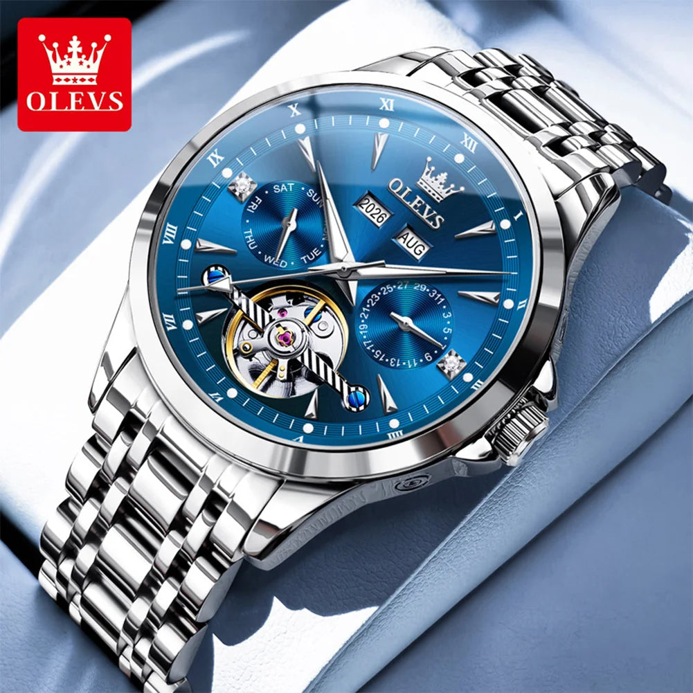 OLEVS 7091 Mens Watch Original Flywheel Automatic Mechanical Watch For Man Perpetual Calendar Waterproof Luminous Luxury Reloj