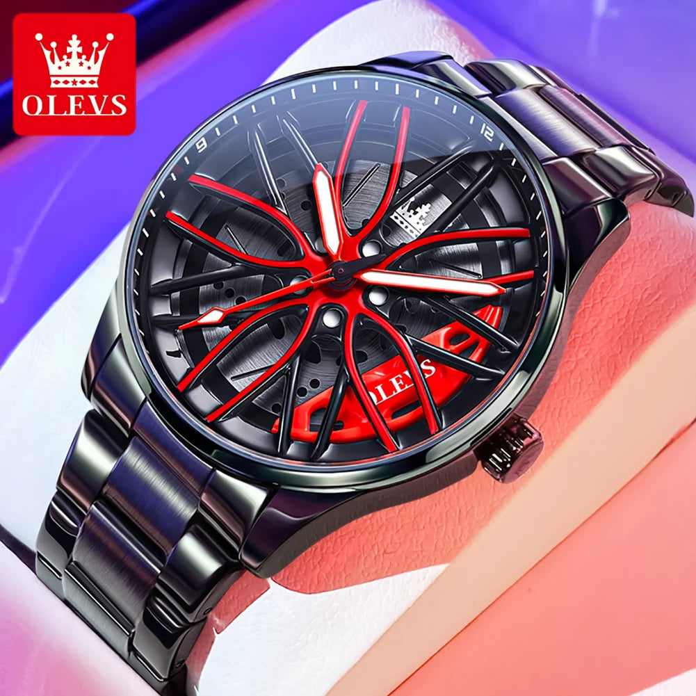 OLEVS 9937 Mens Watch Original Rotatable Wheel Hub Dial Fashion Trend Quartz Watch Waterproof Luminous Stainless Steel Reloj