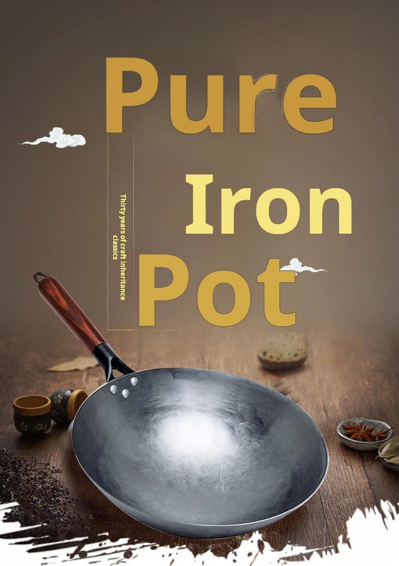 Iron Pot Household Frying Pan Traditional Hand Forged Without Coating Wooden Handle Old-style Non-iron Pot (30cm)