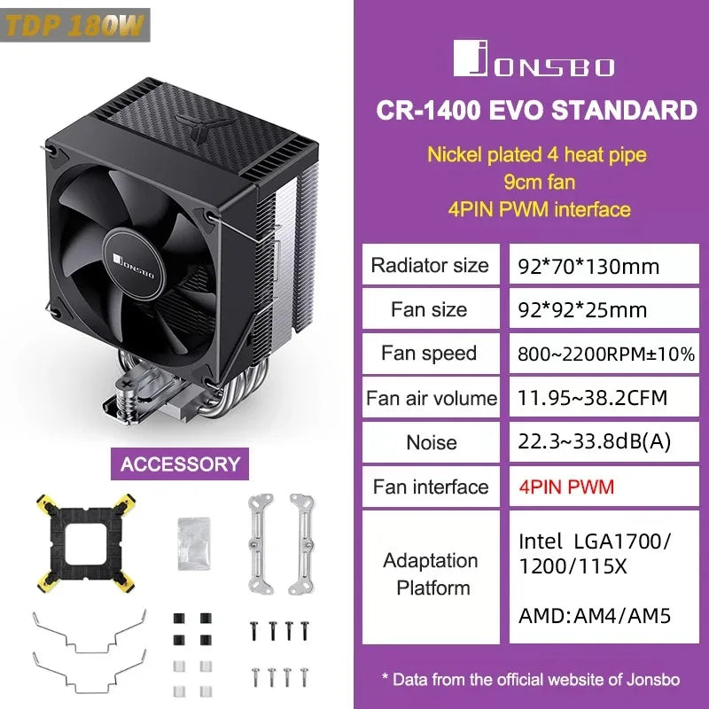 JONSBO-PWM Ventilador CPU, 4 Heat Pipe, CPU Cooler, Refrigerador de ar para Intel LGA1700, 1200, 115X, AMD, AM4, AM5,CR-1400 EVO