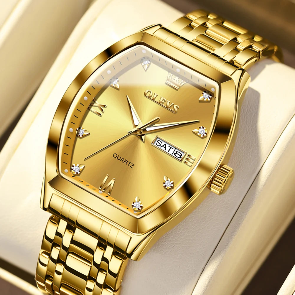 OLEVS Men's Watches Luxury Tonneau Original Top Brand Quartz Watch for Men Waterproof Luminous Week Date Male Wristwatch