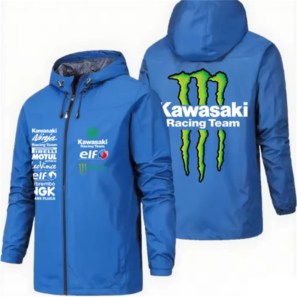 Racing team jacket with Kawasaki logo, men's waterproof and windproof sportswear, outdoor enthusiast jacket, fashionable jacket