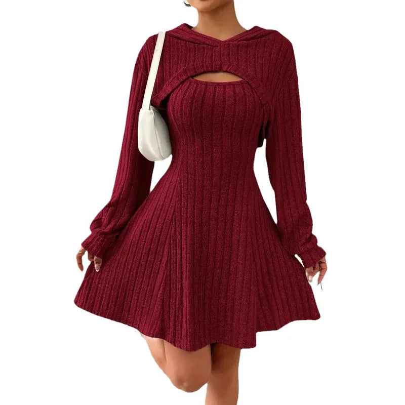 Woman Clothing Set Long Sleeved Hooded Top And Sleeveless Square Neck A-line Vest Dress