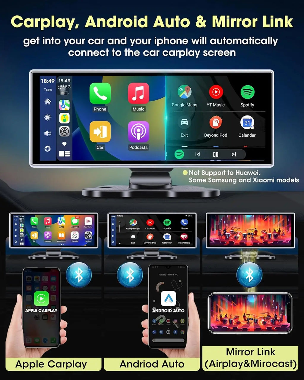 7/10.26"/11 26" Dash Cam 4K Car DVR Wireless Carplay Android Auto Ai Screen 1080P Camera GPS Navigation Video Recorder Bluetooth