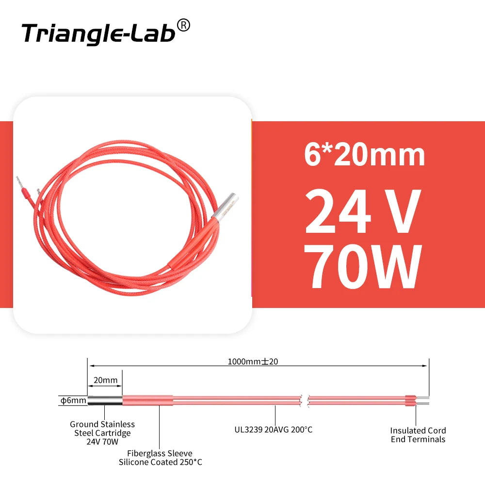 Trianglelab 3D Printer 6*20MM 12V/24V 40W Heater Cartridge With 100CM cable For 3D Printer for PT100 HOTEND Volcano MK8 MK9